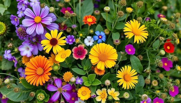 Vibrant wildflowers, lush greenery, and delicate foliage arranged in a natural, unposed cluster,  detail,  vibrant