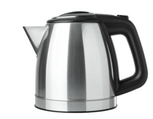 Shiny metal electric kettle with black handle and lid