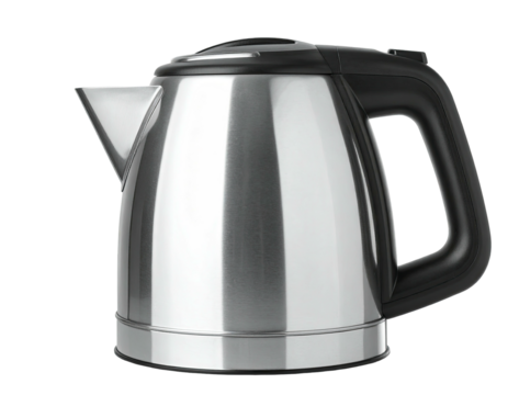 Shiny metal electric kettle with black handle and lid