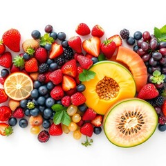 Obraz premium A colorful spread of fresh fruits like berries, grapes, and melon, presented on a clean white surface, brunch, a refreshing assortment