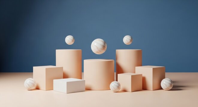 Minimalist display of beige and white geometric shapes cylinders, cubes, spheres on a peach and blue background
