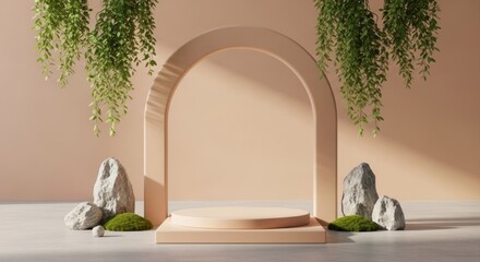 Minimalist pink arch and pedestal display with hanging vines and natural rocks on concrete