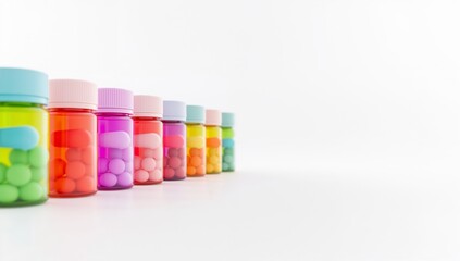 Colorful Bottles of Pills on a Clean White Surface for Health