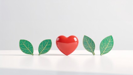 Red Heart and Green Leaves in Minimalist Concept of Love and Nature