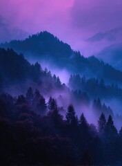Misty, purple-hued mountain range at dawn or dusk, shrouded in low-lying fog, showcasing layers of dark evergreen trees silhouetted against a vibrant sky