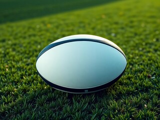 A pristine rugby ball sits center stage on a vast expanse of green, a symbol of athletic endeavor,  oval field,  athletic
