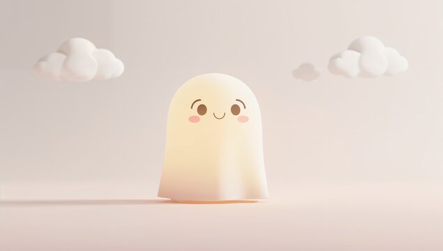 Cute cartoon ghost character with clouds in a pastel background - Powered by Adobe