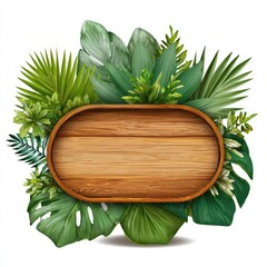 Oval wooden sign framed by lush, vibrant tropical foliage; blank space for text