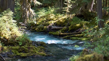 Obraz premium confluence. Two forest streams merging into a single river, blending water currents, mossy rocks, dappled sunlight through trees. ESG reports.