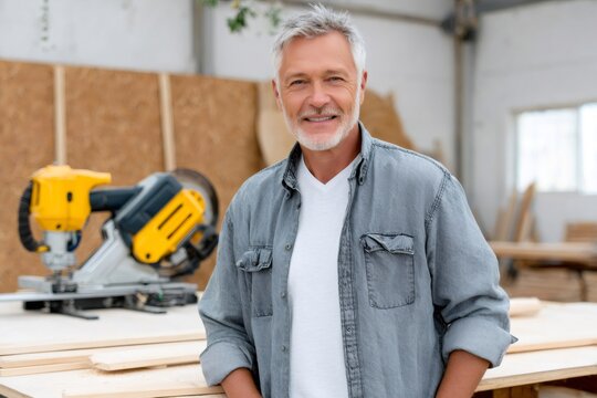 Confident senior man smiling in carpentry workshop