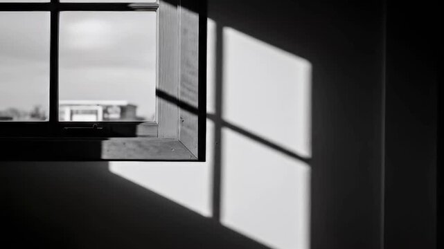 A monochromatic video captures the striking interplay of natural light and shadow within an interior space, highlighting the strong, geometric forms cast by a window frame onto a plain wall. The scene