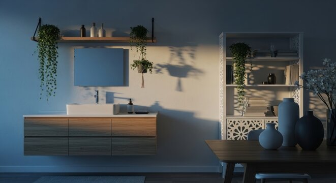 Modern bathroom vanity and shelving with plants, illuminated by strong natural sunlight - Powered by Adobe