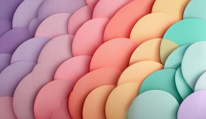 Overlapping pastel-colored circles create a gradient effect, resembling scales or fish skin.  The smooth, rounded shapes transition seamlessly from purples and pinks to oranges, yellows, and greens