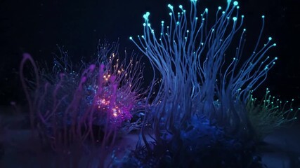 Hypnotic visual journey through a vibrant, pulsating ecosystem of animated tendrils and glowing particles, suggesting life's energy and mystery. Wide shot revealing the full scope of the animation. - Powered by Adobe