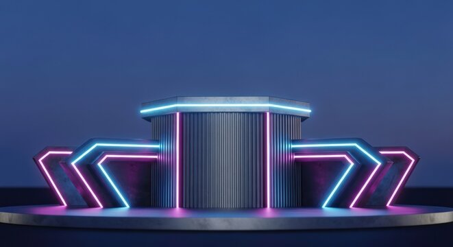 Modern geometric display stage with glowing blue and pink neon lights, dark backdrop