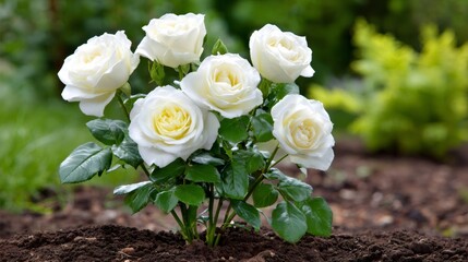 White rose bush growing in garden soil