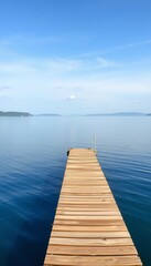 Fototapeta premium A solitary, sturdy dock juts out into a vast, still lake, inviting peaceful contemplation, nature, vast