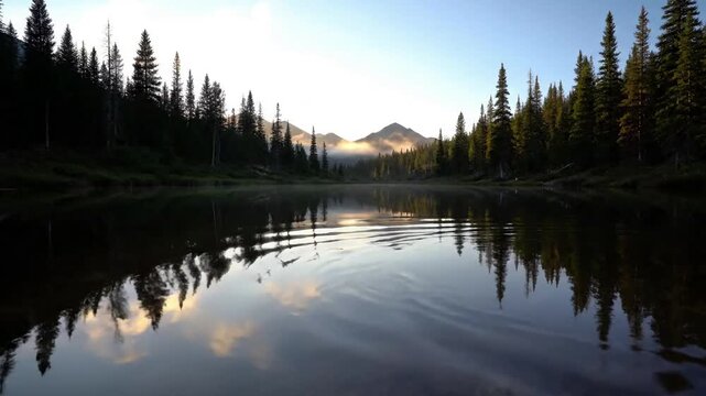 Gentle, organic ripples caused by a subtle breeze or an unseen aquatic creature, distorting and reforming the reflected natural elements. Overhead or slight high angle, observing the mesmerizing,?