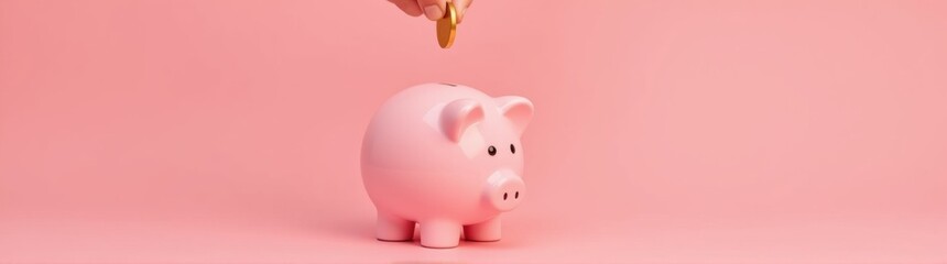 Fototapeta premium Someone putting a coin into a piggy bank with a pink background