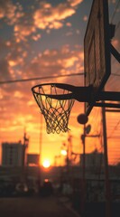 Silhouette of a basketball hoop against a vibrant, fiery sunset over a blurred cityscape.  The net is slightly frayed, adding a touch of age and wear