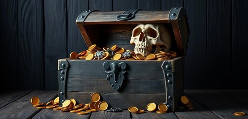 A weathered treasure chest overflows with gold coins, jewels, and a skull, set against a dark, wood-planked background,  aged,   stock photo