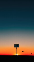 Silhouette of a basketball hoop at sunset, with a basketball in mid-air, minimalist aesthetic