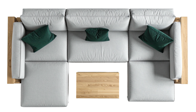 White sofa, wood frame, green pillows. Top-down view