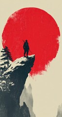 Silhouetted warrior stands on snow-capped cliff overlooking a large, crimson sun, minimalist style, Japanese aesthetic