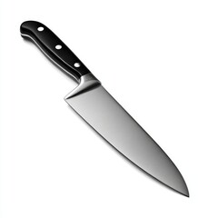 Sleek, silver chef's knife with a black, riveted handle, isolated on a white background, showcasing its sharp, pointed tip and substantial blade