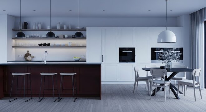 Modern open-plan kitchen and dining area with dark island, white cabinets, light wood floor