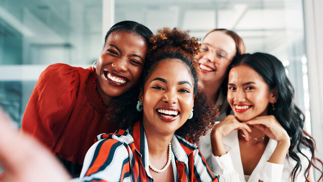 Business women, happy team and selfie in office for memory, about us or funny social media post. Group picture, smile and employees in workplace together for photography, laugh or portrait with POV