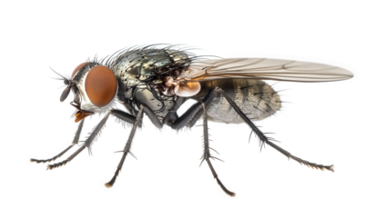 Detailed fly isolated on transparent background, showcasing its intricate features, including its multifaceted eyes, delicate wings, and bristled body, in a naturalistic pose