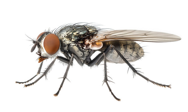Detailed fly isolated on transparent background, showcasing its intricate features, including its multifaceted eyes, delicate wings, and bristled body, in a naturalistic pose