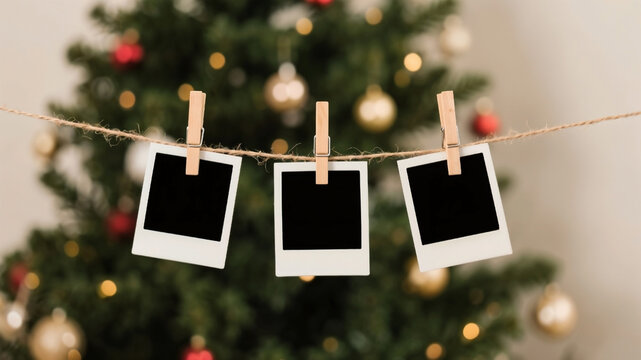 Three blank black polaroids hanging on wooden clothespins on a string with christmas tree background