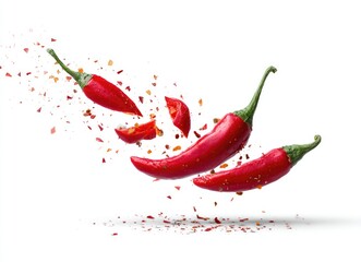 Three red chili peppers in motion, exploding into fragments and red spice dust against a stark white background
