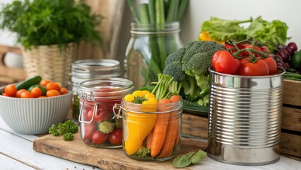 Vibrant still life featuring fresh farm vegetables displayed in rustic jars and containers, perfect for health, wellness, or organic food campaigns