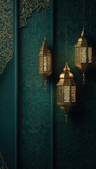 Three ornate gold lanterns hang against a teal, patterned wall, adorned with intricate gold filigree