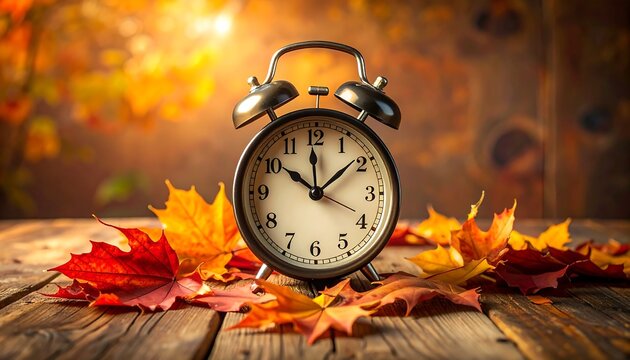 Autumn Time - An Alarm Clock Surrounded by Fall Leaves.