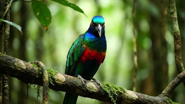 Observe a vibrantly plumed exotic bird, showcasing its intricate feather patterns and brilliant hues against a lush, untouched natural backdrop. Close up shot capturing the bird's detailed features?