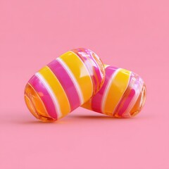 Two glossy, oval candies with pink and yellow stripes rest on a pink background;  a vibrant, sweet digital rendering