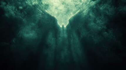 Obraz premium Mysterious glowing winged silhouette ascends from dark, cloudy heavens, divine light rays