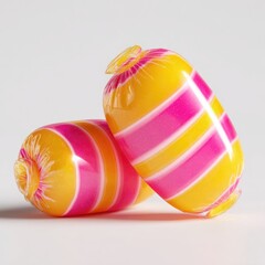 Two individually wrapped, oblong hard candies with pink and yellow stripes rest on a light gray background