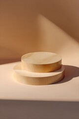 Two light-beige, cylindrical wooden platforms sit atop a pale-orange background, bathed in soft, angled sunlight