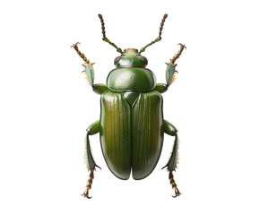 Detailed image of a green beetle isolated on transparent background, highlighting its shiny exoskeleton and intricate leg structure in a studio shot