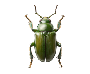 Detailed image of a green beetle isolated on transparent background, highlighting its shiny exoskeleton and intricate leg structure in a studio shot