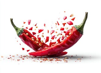 Two red chili peppers exploding into vibrant fragments against a stark white backdrop, showcasing red pepper flakes and seeds