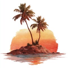 Two palm trees stand on a small, rocky island at sunset, reflected in calm water, set against a watercolor-style sun