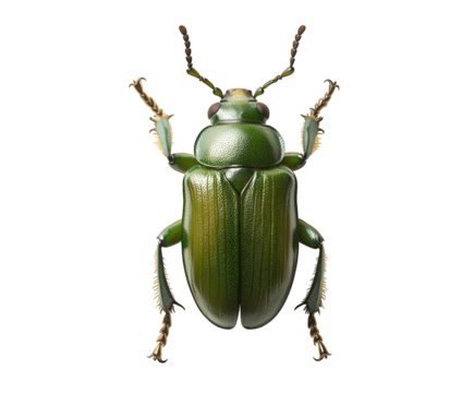 Detailed image of a green beetle isolated on transparent background, highlighting its shiny exoskeleton and intricate leg structure in a studio shot