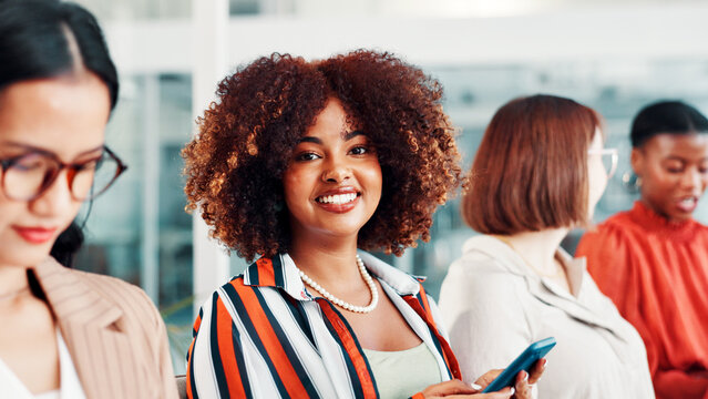 Portrait, employee and woman with smartphone in meeting, happy and digital marketing on social media. Coworking, people and brand manager with mobile for ad campaign, confident or research on website