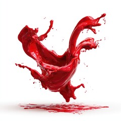 Vibrant red liquid dynamically splashes and swirls, creating an abstract, three-dimensional form against a stark white backdrop, with minor splatters